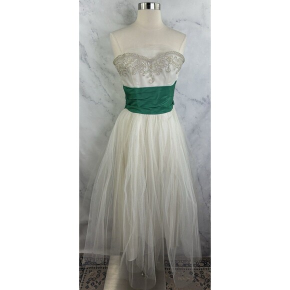 Vintage 1950s Cupcake Prom Dress SZ XS Gown Tulle Strapless white green sequence - Picture 11 of 16